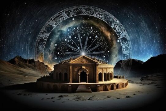zodiac symbols and sacred temple backdrop astrology alchemy magic sorcery and crystals enigmatic structure premium ai generated image